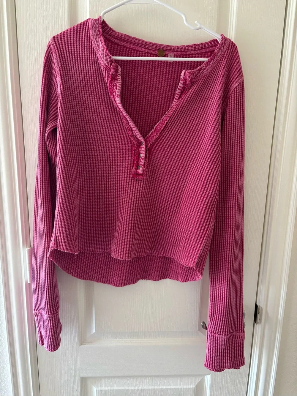 Free People Pink Waffle-Knit Long Sleeve Henley